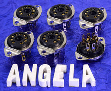 Load image into Gallery viewer, Six 9 Pin Noval Top Chassis Mount Black And Gold Tube Sockets, #99956X6