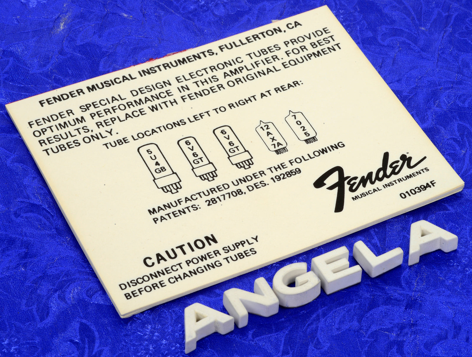 Fender Tube Chart 9 N.O.S. '70s'80s 5U4GB, 6V6GTA, 6V6GTA, 12AX7A, 7
