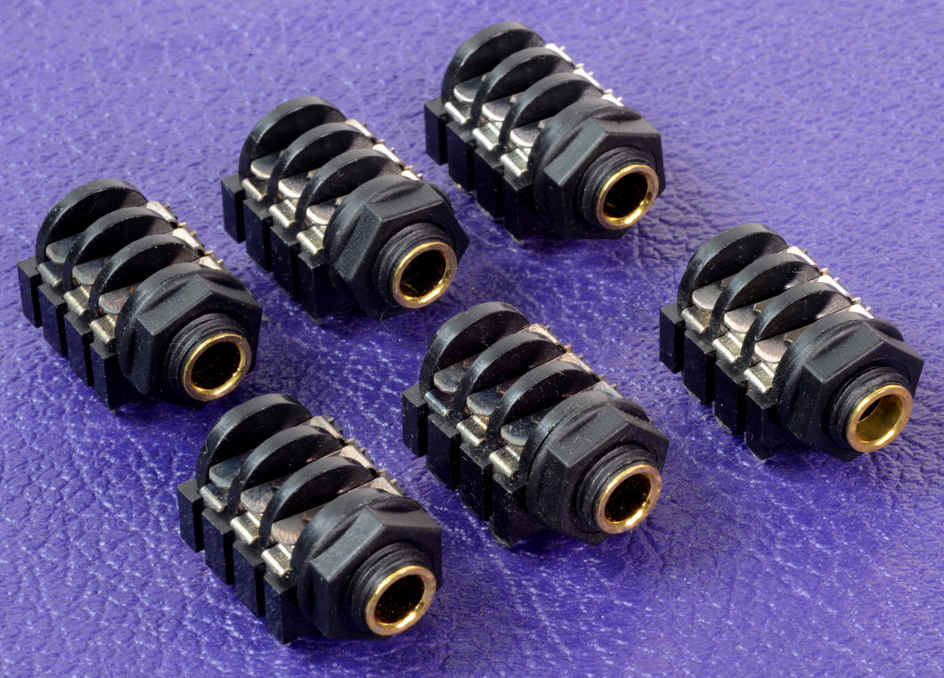 Six Black Front With Gold Barrel Switched Stereo Jacks For Guitar Amps & Effects, #BGSJ