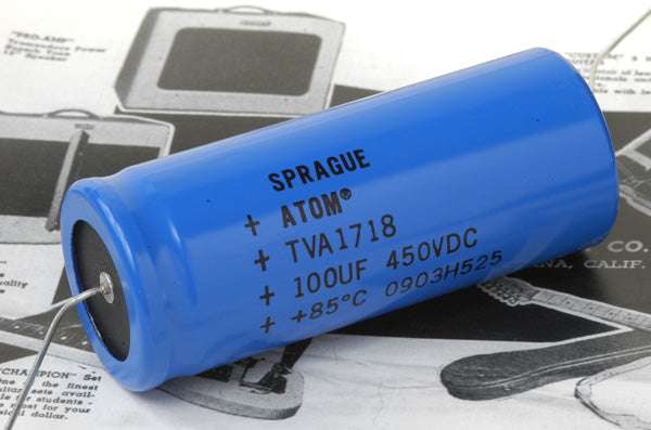 Sprague Atom TVA 1718 Axial Electrolytic Capacitor, 100uF/450V