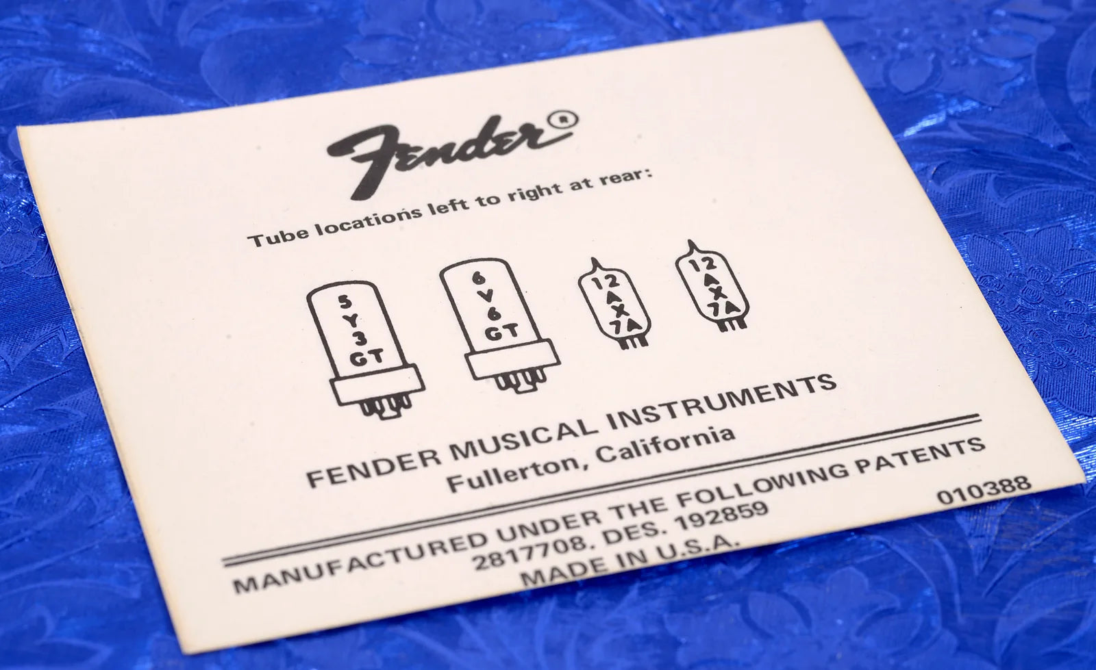 Fender Tube Chart N.O.S. 17 5Y3GT, 6V6GT, 12AX7, 12AX7 Angela