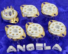 Load image into Gallery viewer, Six 8 Pin Octal Ceramic Gold Bottom Chassis Mount Tube Sockets With Cup Contacts, #8811X6
